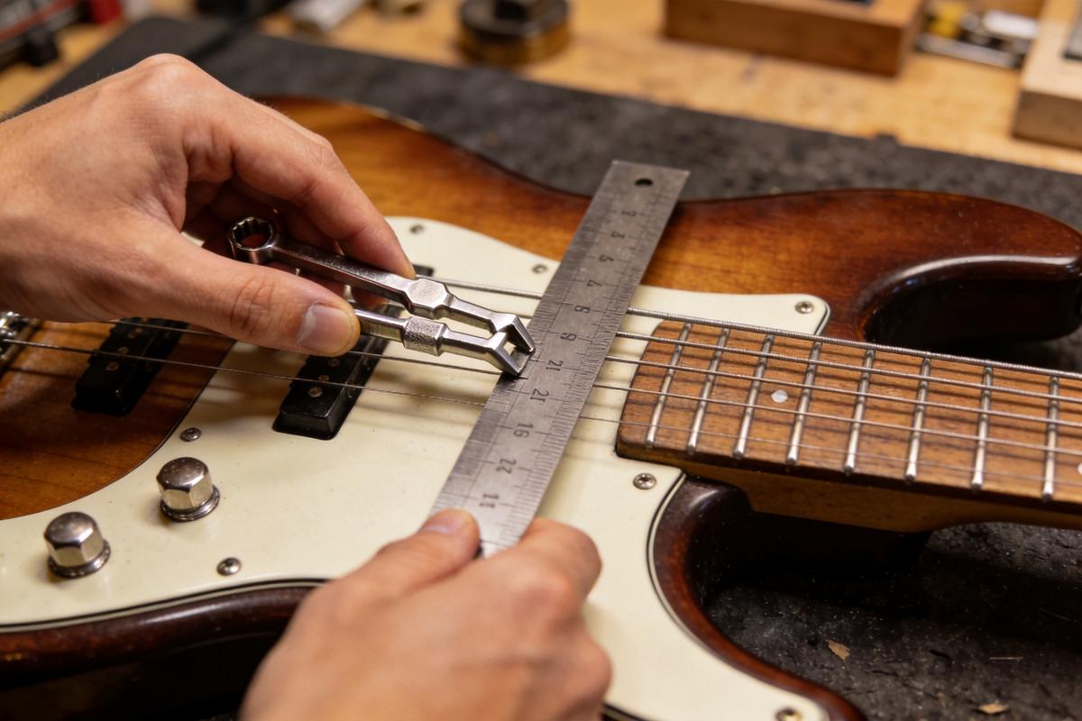Ein Handwerker misst die Saitenabstände auf einem Bass mit einem Lineal.