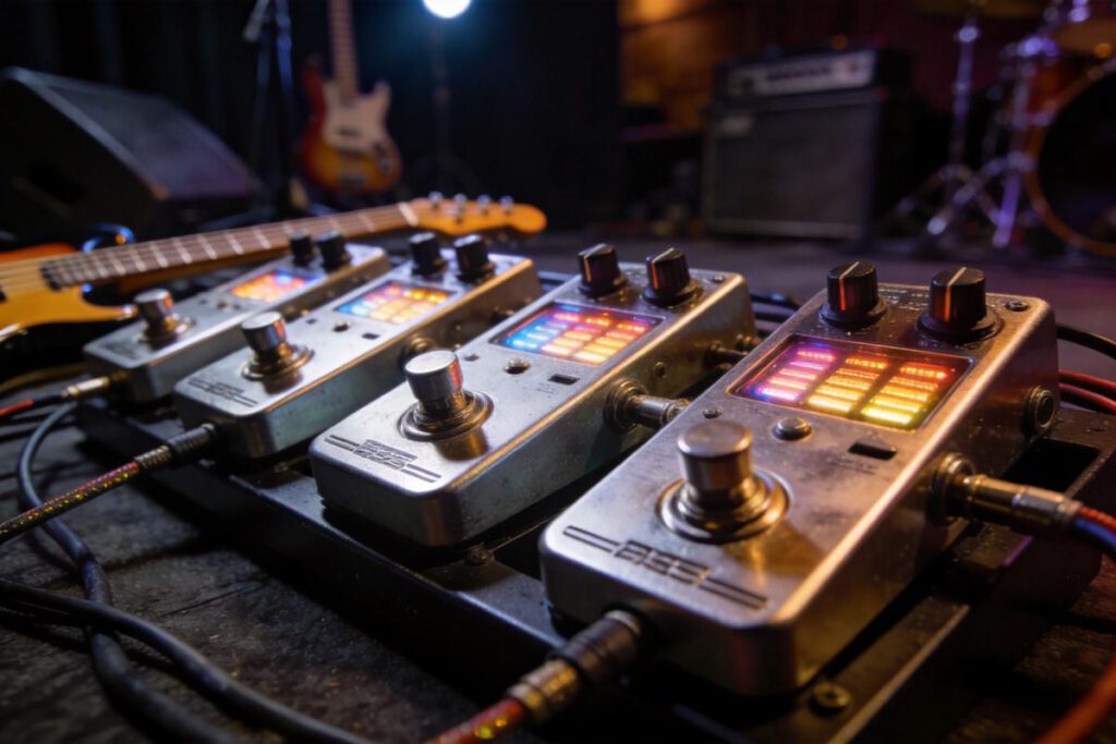 Nahaufnahme von Effektpedalen für Bassspieler